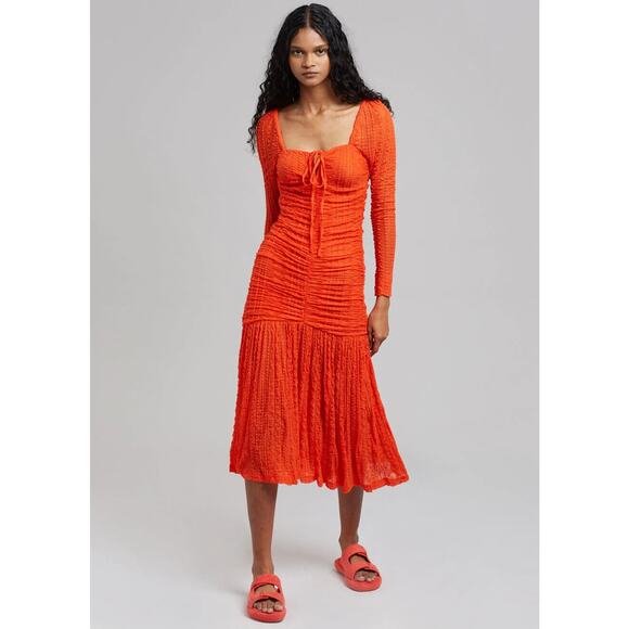 Ganni NWOT Orange Ruched Lace Midi Dress Size 6 - Picture 1 of 12